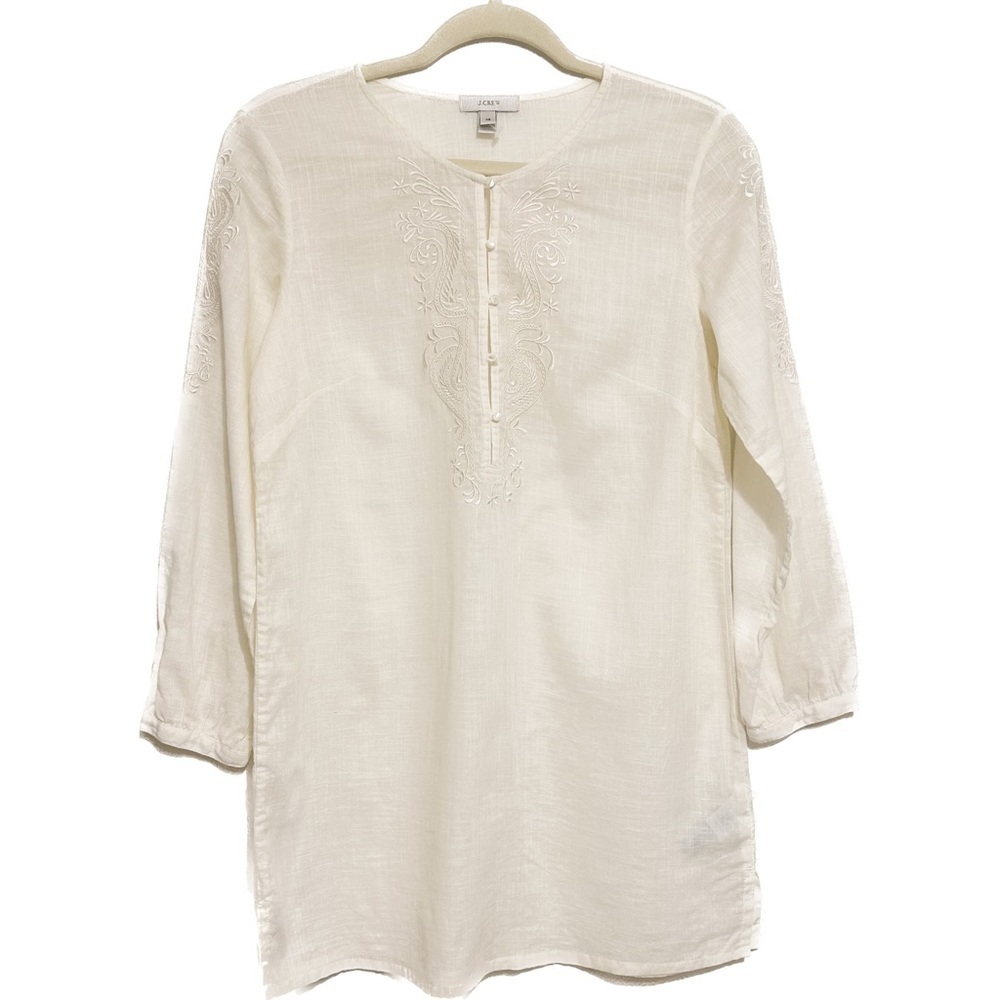 J. Crew White Cotton Linen Blend Embroidered Tunic Top Size XS